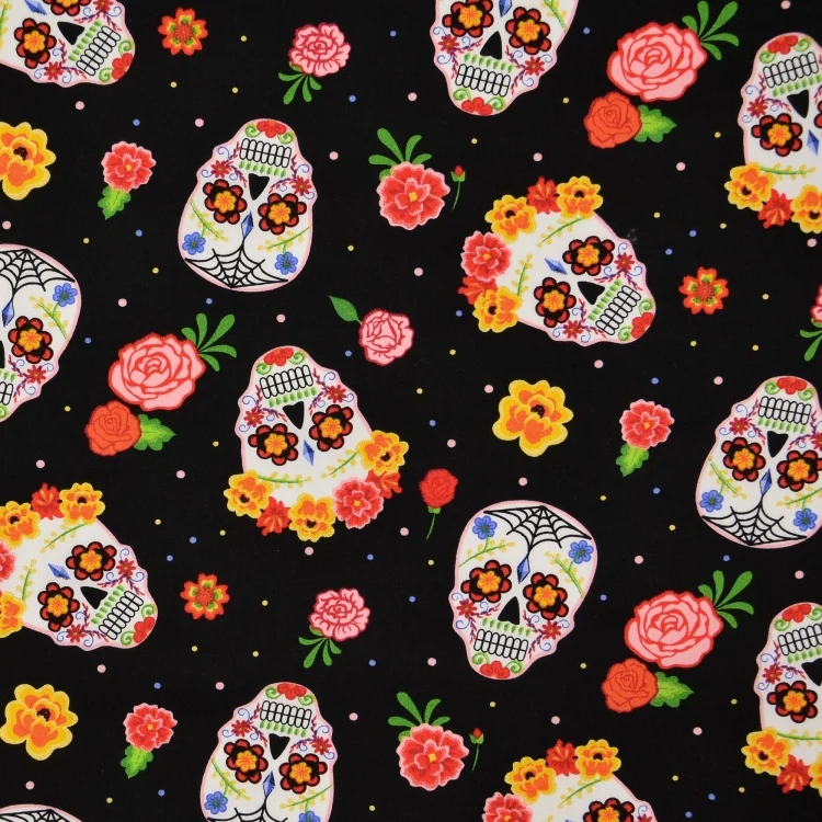 Baumwoll Popeline Flower Skull Mix, schwarz