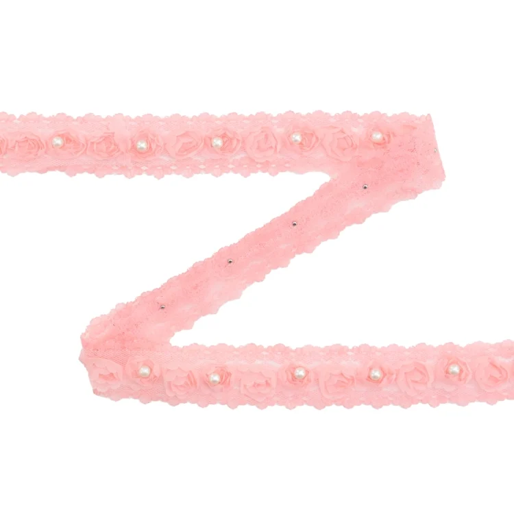 Rosen Spitzenband mit Perle, hellrosa 30 mm