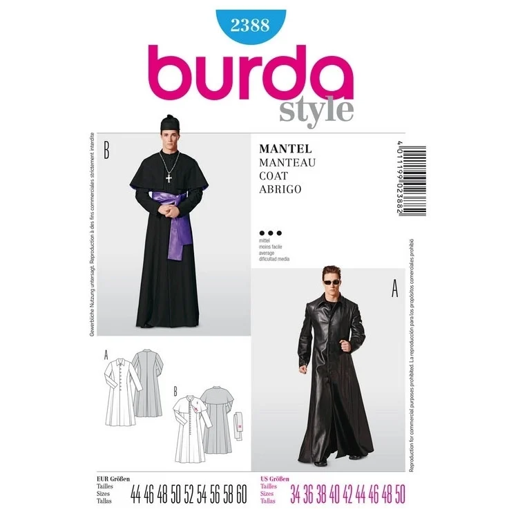 Schnittmuster Herrenmantel, Burda 2388