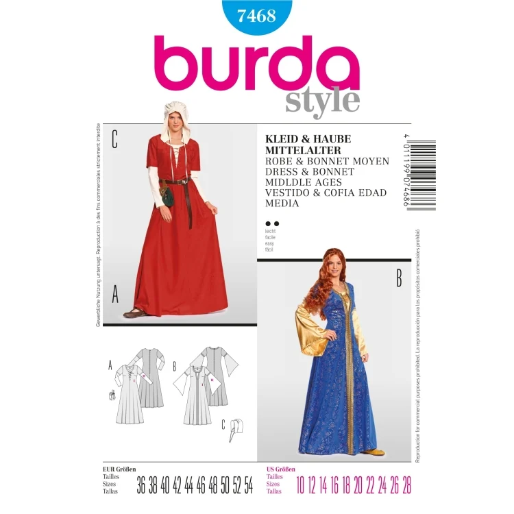 Schnittmuster Kleid & Haube Mittelalter, Burda 7468