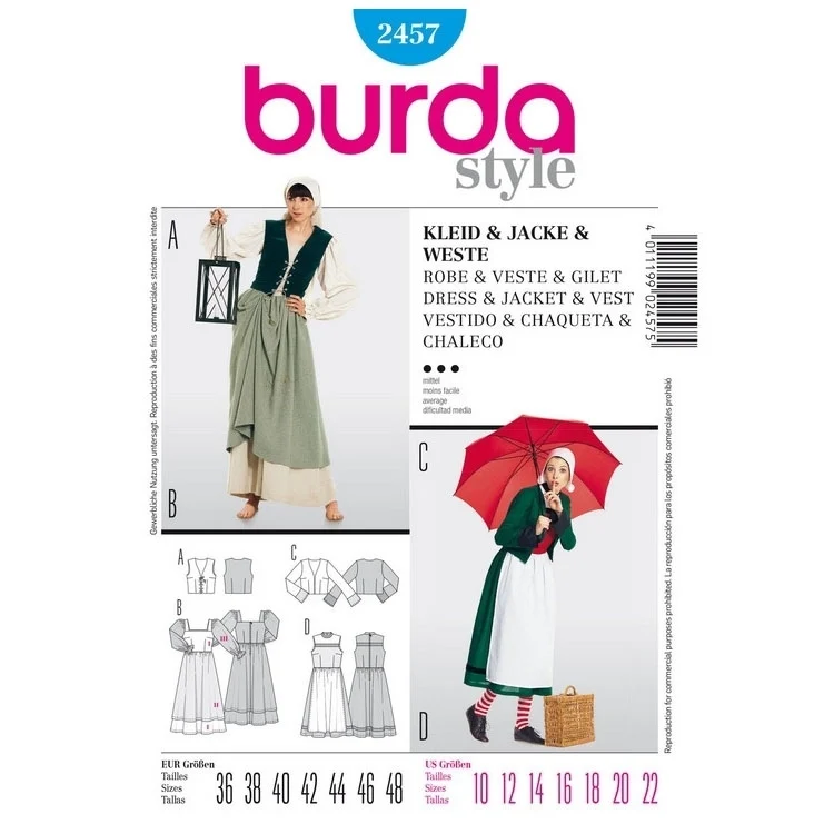 Schnittmuster Kleid, Jacke, und Weste, Burda 2457