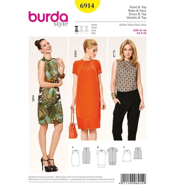 Schnittmuster Kleid – Top – Fältchen am Ausschnitt, Burda 6914