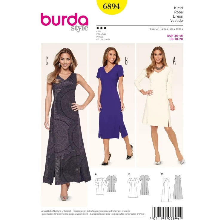 Schnittmuster Kleid–Teilungsnähte–V-Ausschnitt, Burda 6894