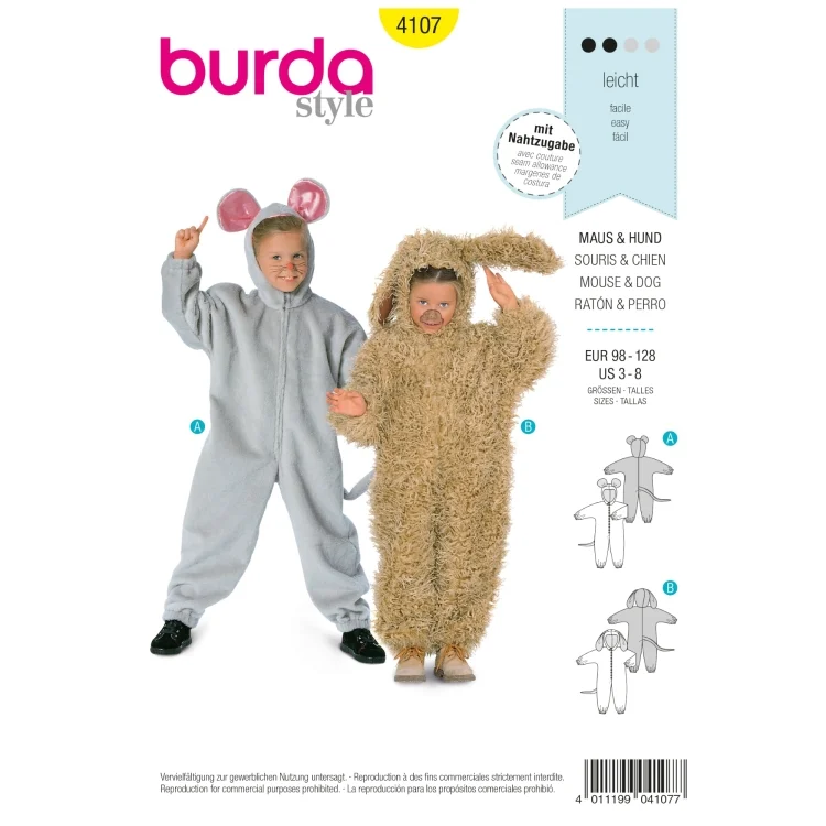 Schnittmuster Maus und Hund, Overall, Burda 4107
