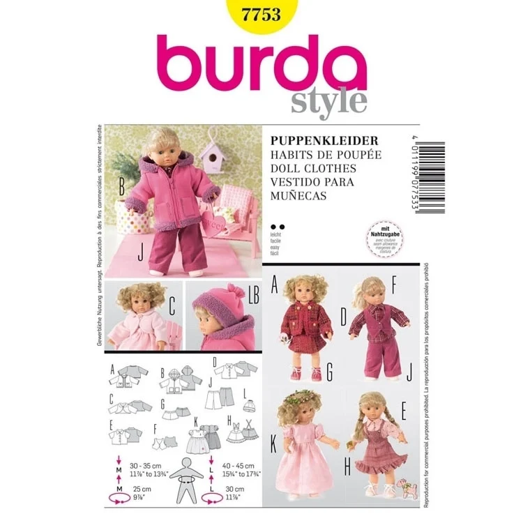 Schnittmuster Puppenkleider, Burda 7753