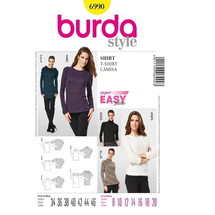 Schnittmuster Shirt, Raglanärmel und Rollkragen, Burda 6990