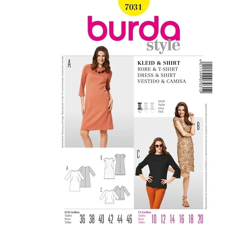 Schnittmuster Spitzenkleid, U-Boot-Ausschnitt, Burda 7031