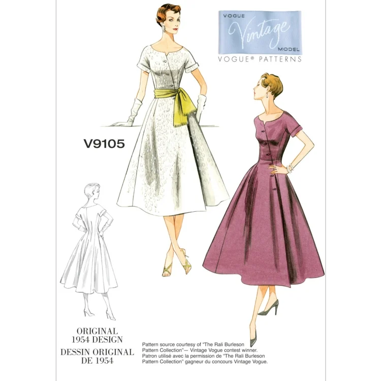 Schnittmuster Vogue 9105 Damen-Vintage-Kleid mit Schärpe