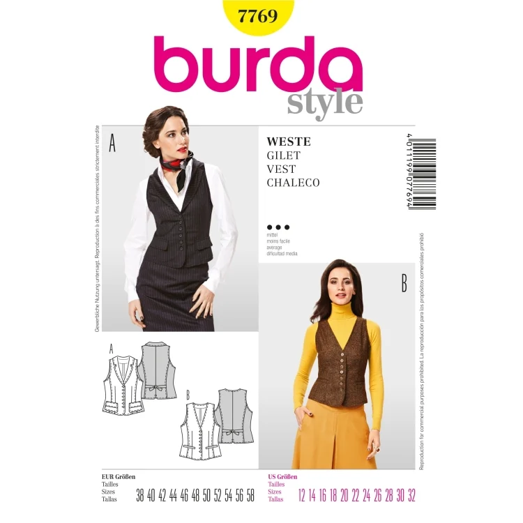 Schnittmuster Weste, Burda 7769