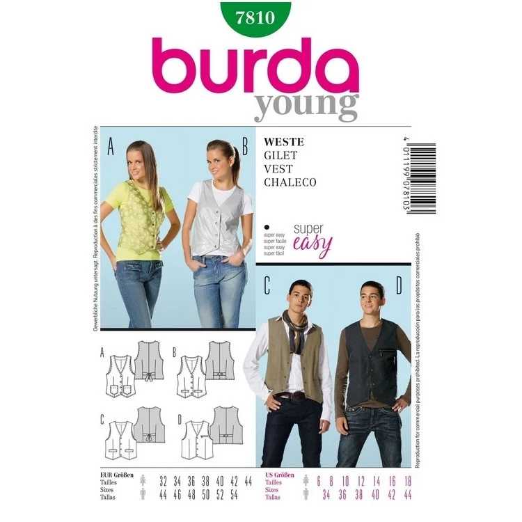 Schnittmuster Weste, Burda 7810