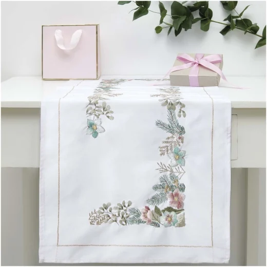 Läufer Christrosen bedruckt - Rico Design (Stickpackung)