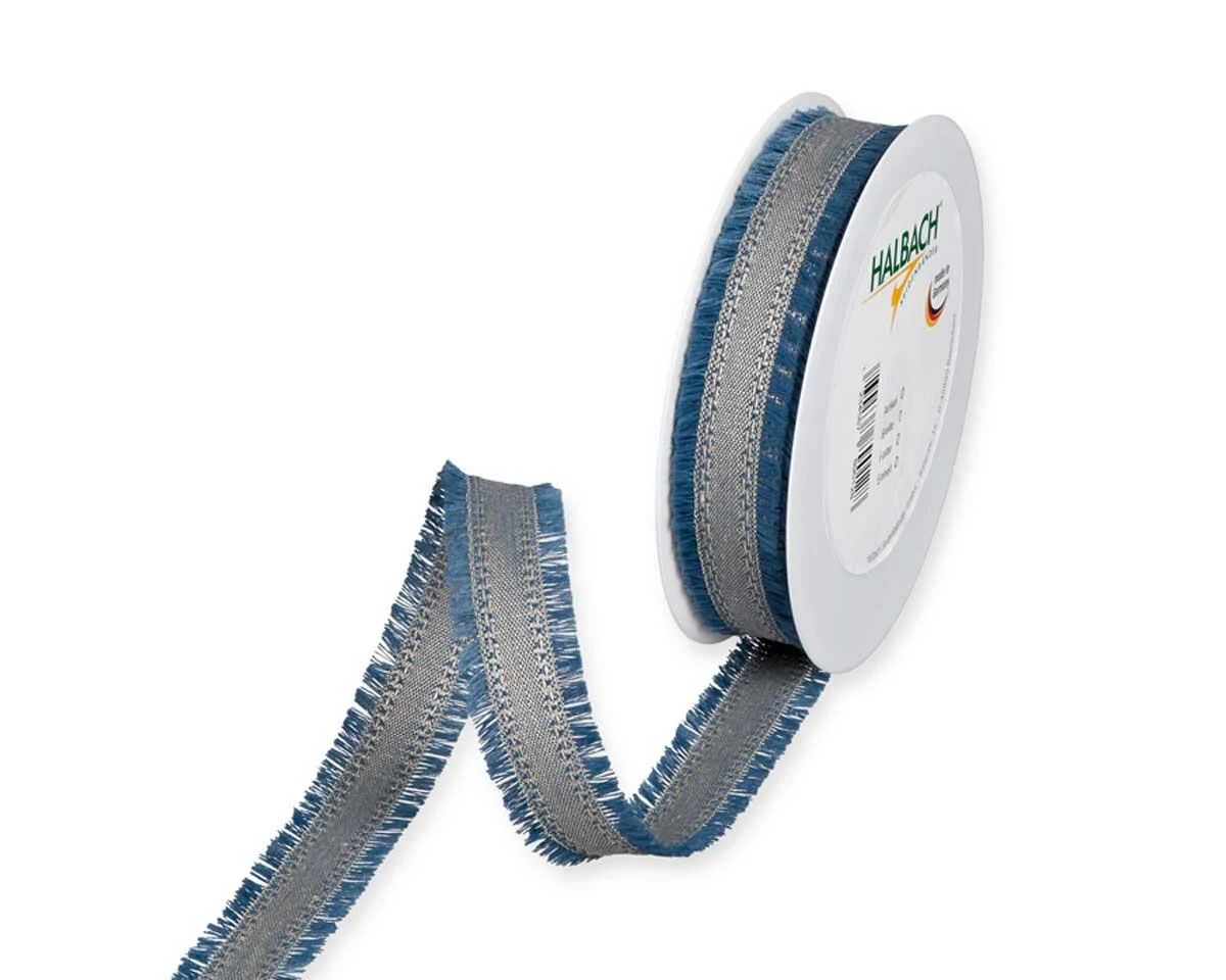 2 m Dekoband mit Fransenkanten, 18 mm, blau-beige