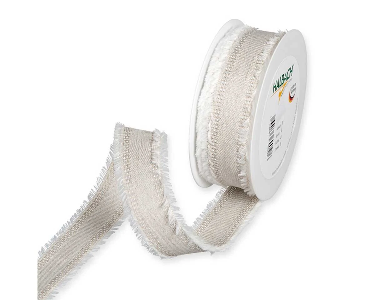 2 m Dekoband mit Fransenkanten, 18 mm, weiß-beige
