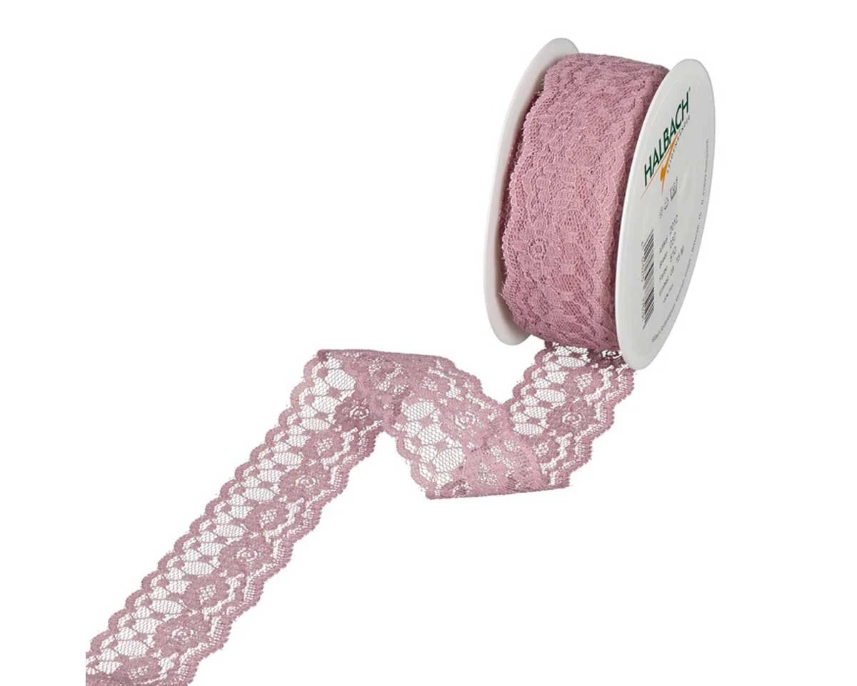3 m Spitzenband, beidseitige Bogenkante mit Blüten, 37 mm, altrosa