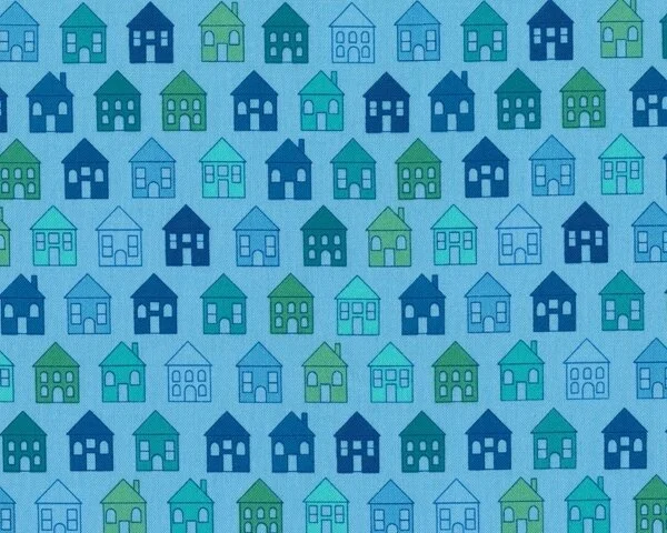 35 cm Reststück Patchworkstoff QUILTERS BASIC PERFECT, kleine Häuser, himmelblau-blau