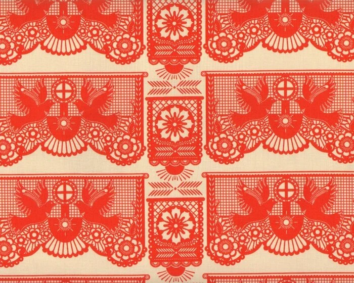 40 cm Reststück Patchworkstoff PRETTY POTENT, Tauben als Scherenschnitt, hellrot-beige