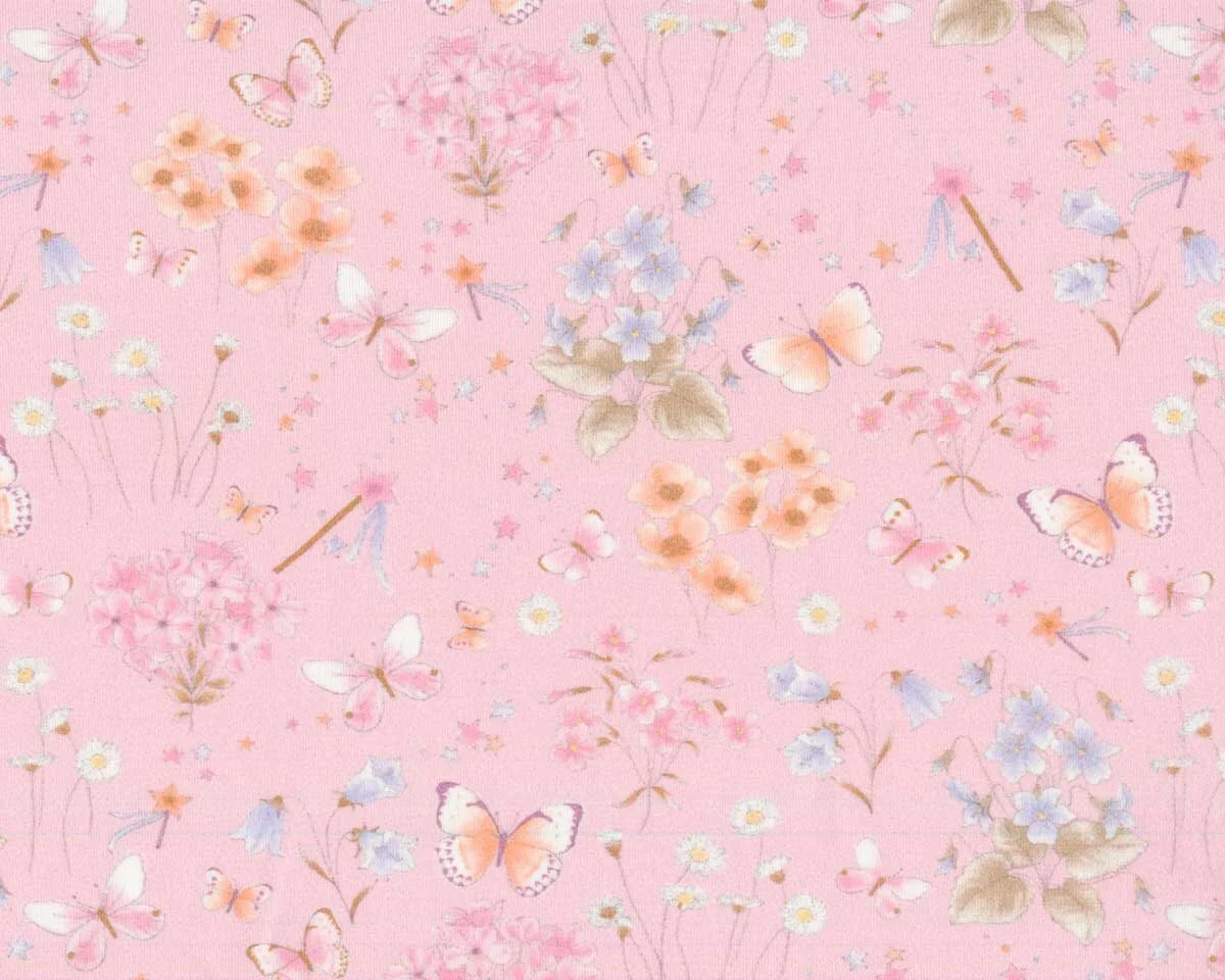 45 cm Reststück Baumwolljersey PRINCESS FLOWER, Schmetterlinge, rosa, Hilco