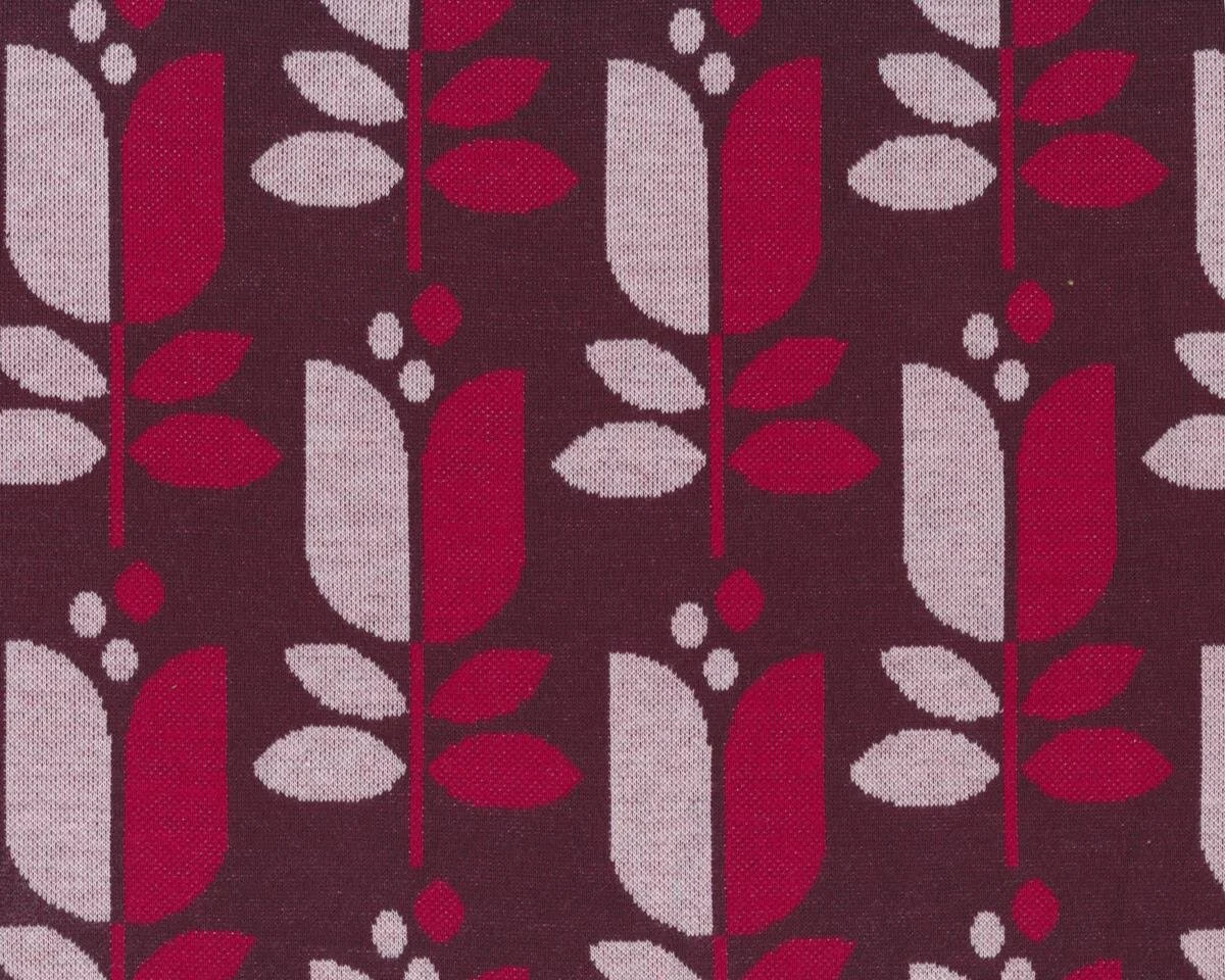 50 cm Reststück MIT FEHLER Bio-Jacquard-Strick TULIPINA, Retro-Tulpen, dunkles weinrot-dunkelrot