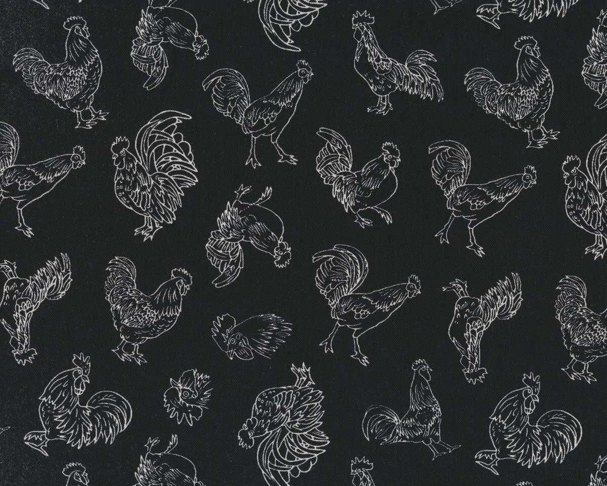 55 cm Reststück Patchworkstoff FARM RAISED, Hühner, schwarz, Henry Glass