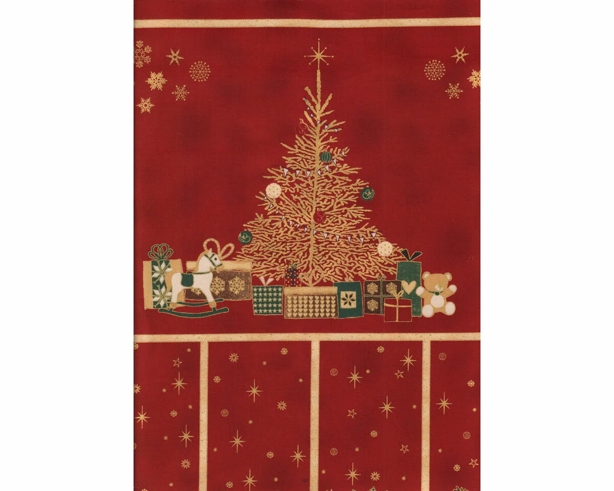 60-cm-Abschnitt Metallic-Patchworkstoff CHRISTMAS IS NEAR, Adventskalender, weinrot-gold