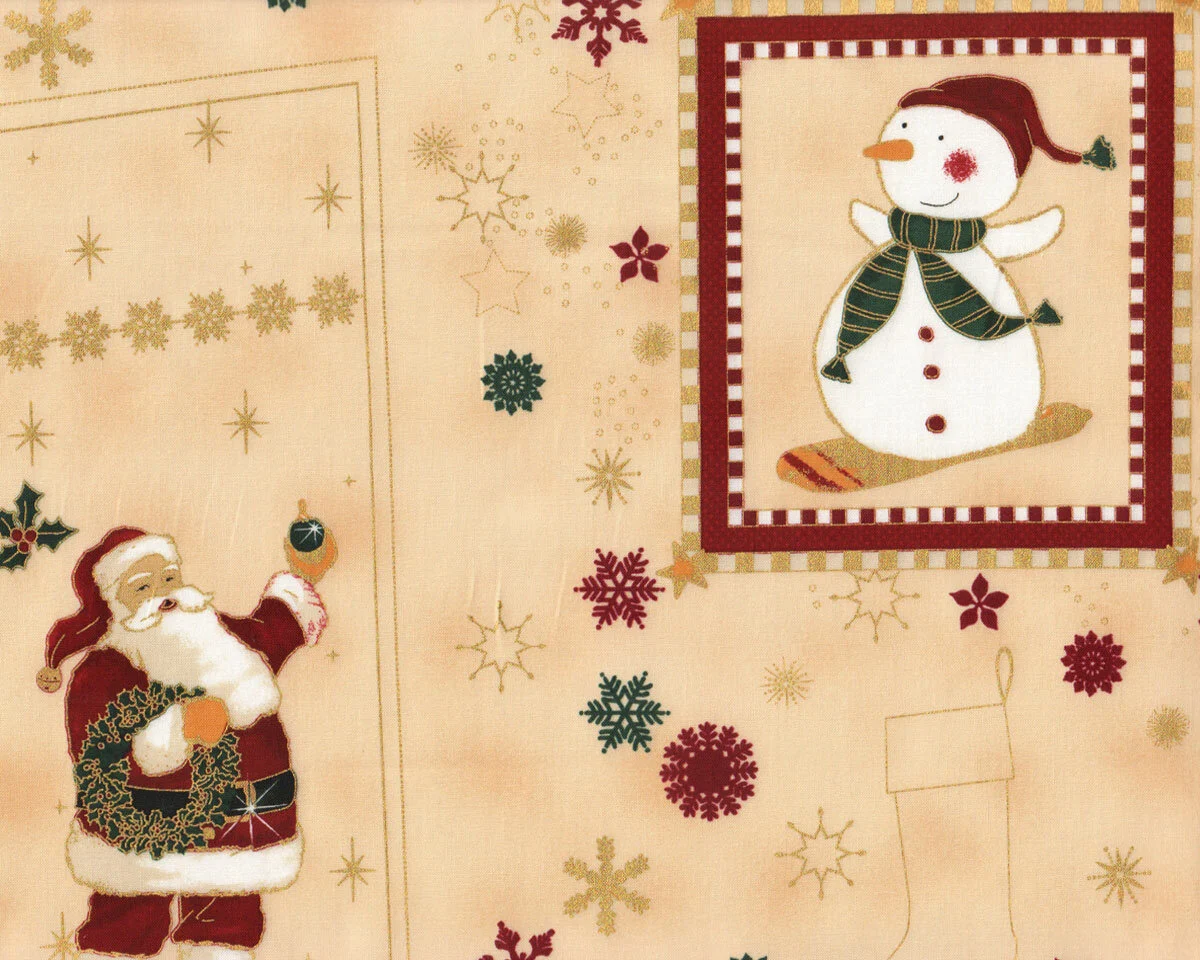 60-cm-Abschnitt Metallic-Patchworkstoff CHRISTMAS IS NEAR, Nikolausstiefel, pastellgelb-gold