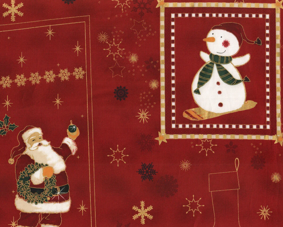 60-cm-Abschnitt Metallic-Patchworkstoff CHRISTMAS IS NEAR, Nikolausstiefel, weinrot-gold