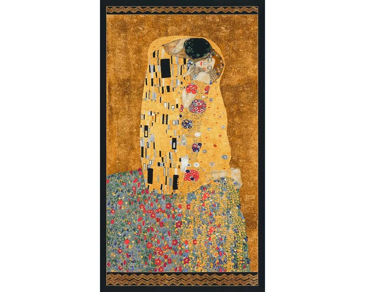 60-cm-Panel Metallic-Patchworkstoff GUSTAV KLIMT, Der Kuss, mittelbraun