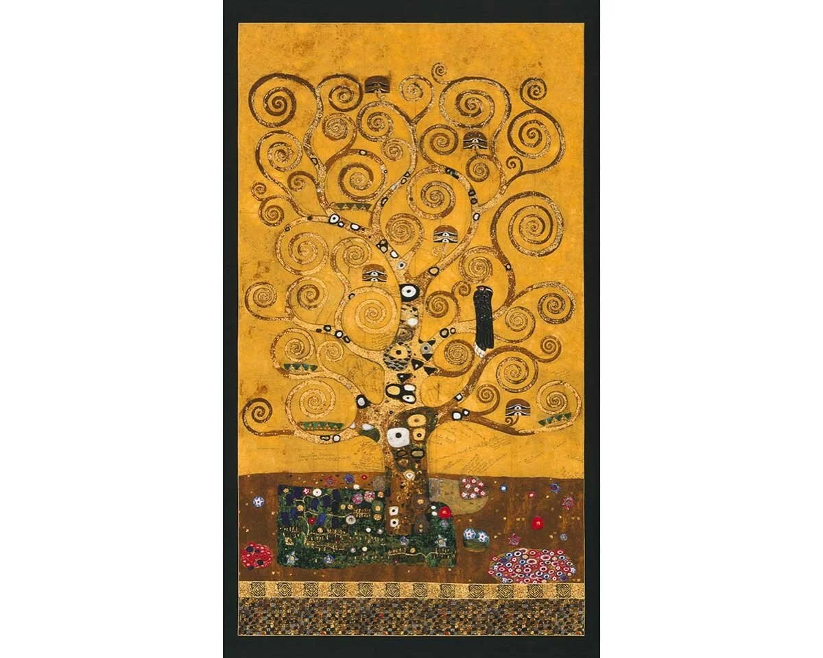 60-cm-Panel Metallic-Patchworkstoff GUSTAV KLIMT, Der Lebensbaum, goldgelb