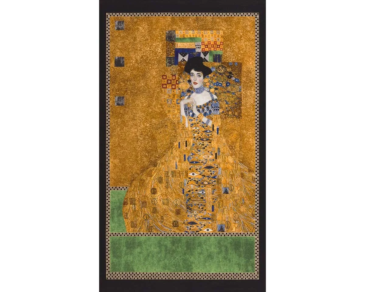 60-cm-Panel Metallic-Patchworkstoff GUSTAV KLIMT, Die goldene Adele, mittelbraun