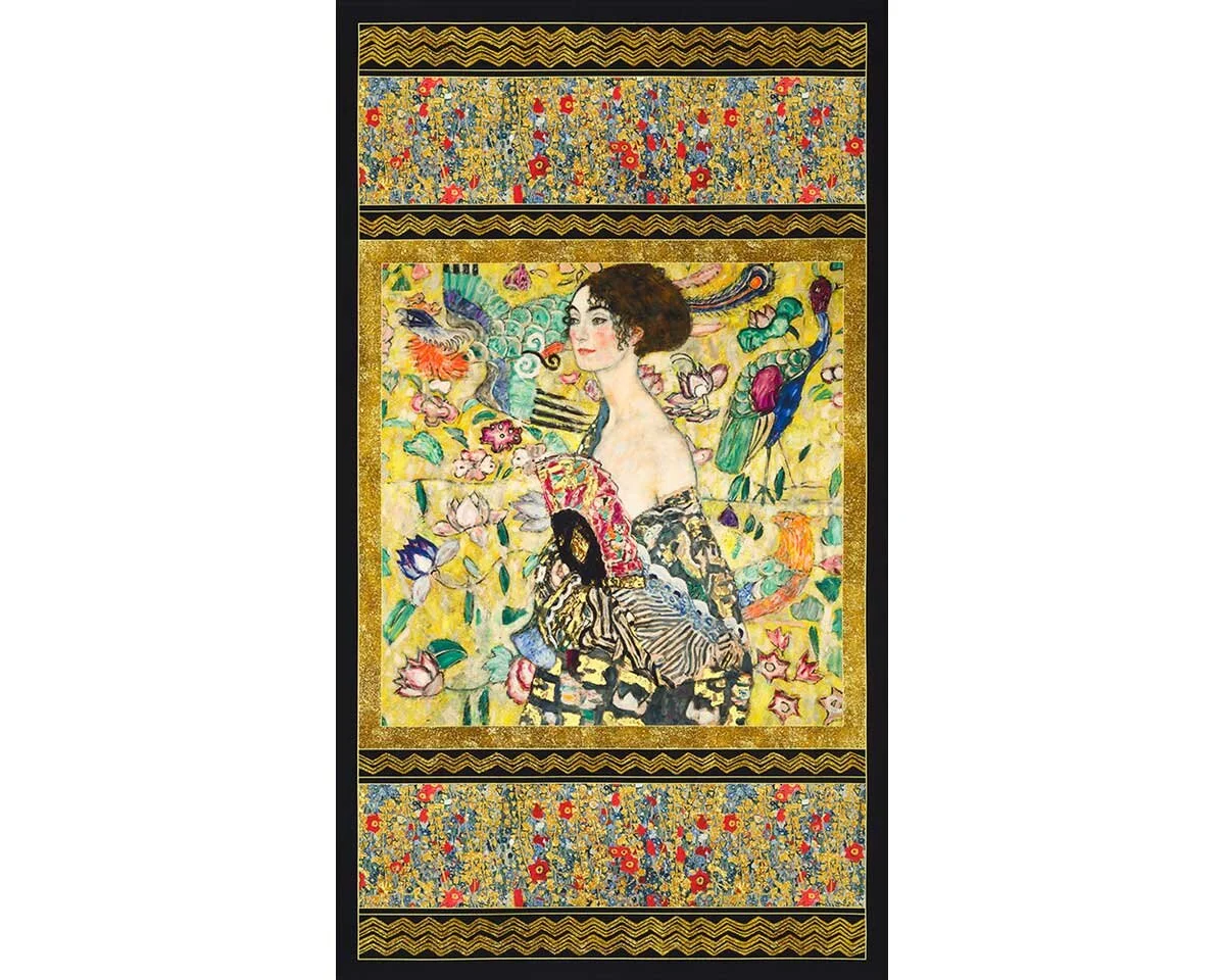 60-cm-Panel Metallic-Patchworkstoff GUSTAV KLIMT, Porträt der Emilie Flöge, goldgelb