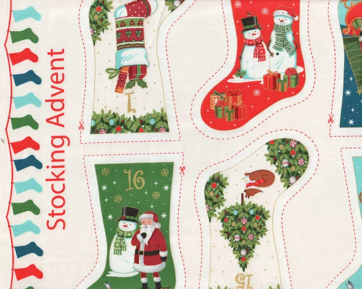 60-cm-Panel Metallic-Patchworkstoff STOCKING CALENDER, Adventskalender, Hilco
