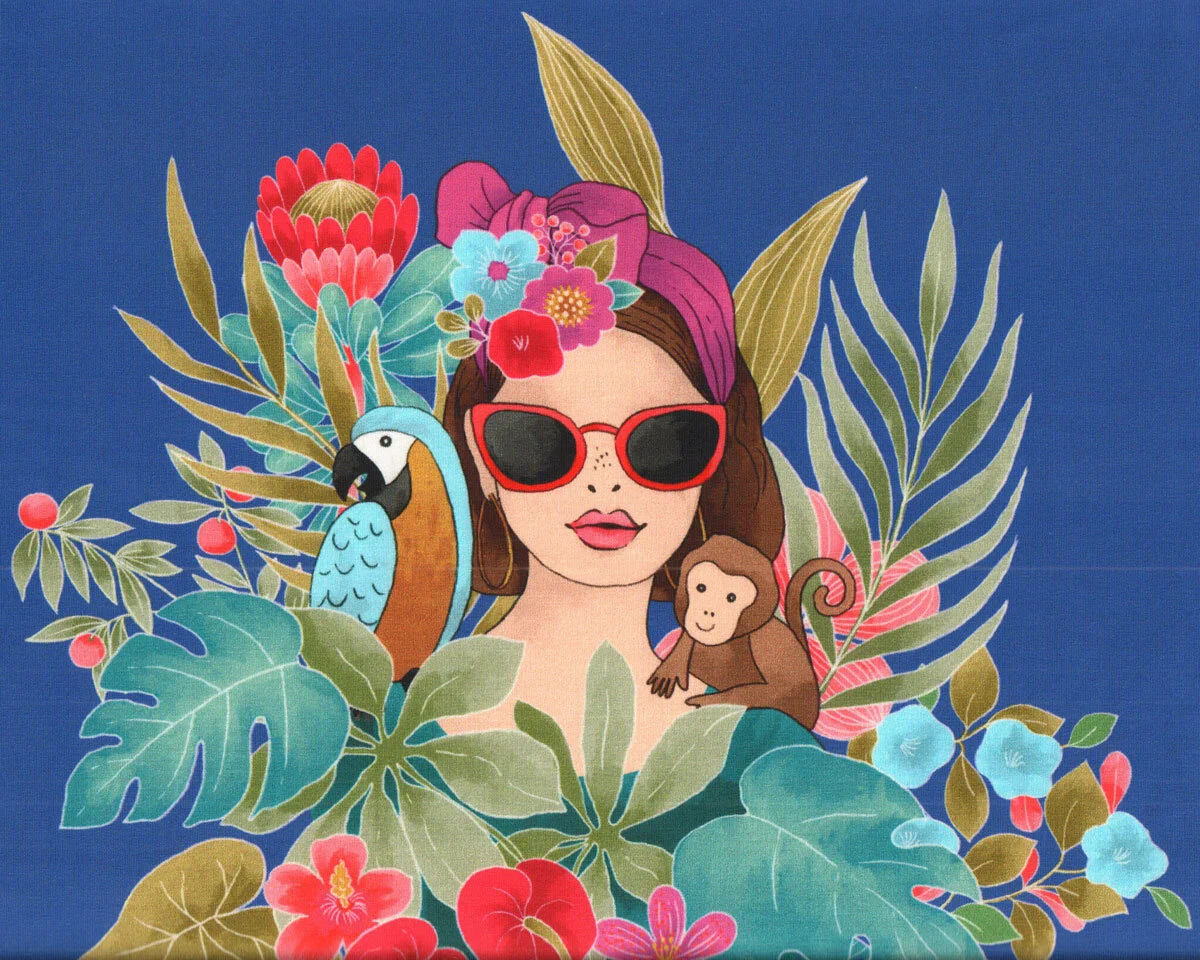 60-cm-Panel Sweatstoff TROPICAL QUEEN, Frau mit Blumen, Hilco