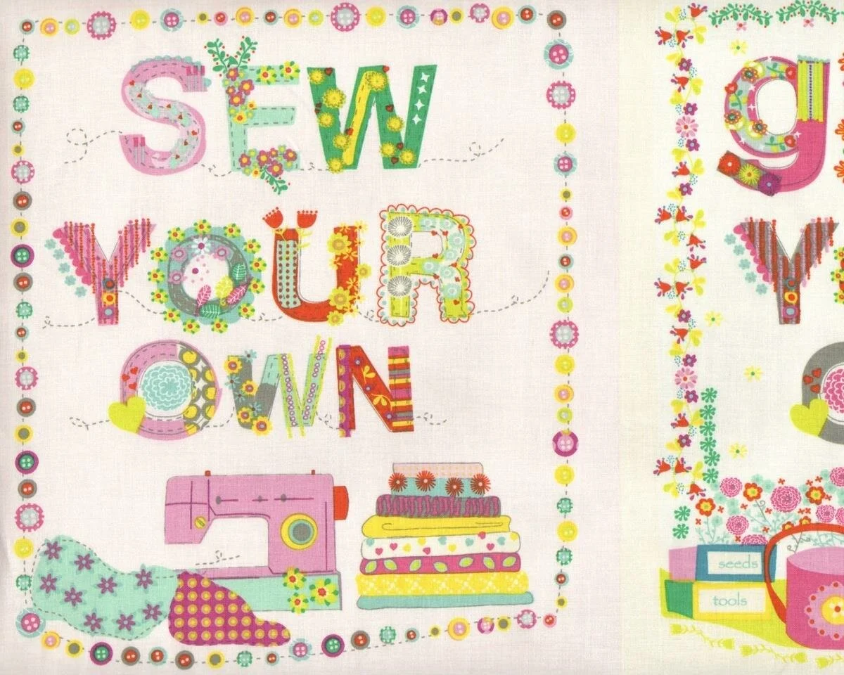60-cm-Rapport Patchworkstoff HOME GROWN, große Bildfelder mit verzierter Schrift, rosa-mintgrün
