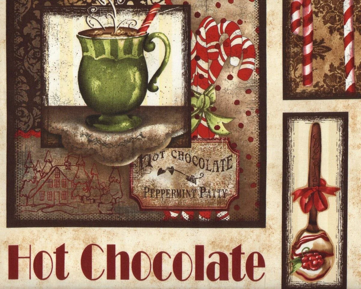 60-cm-Rapport Patchworkstoff HOT CHOCOLATE, winterliche Heißgetränke im Rahmen, dunkelbraun
