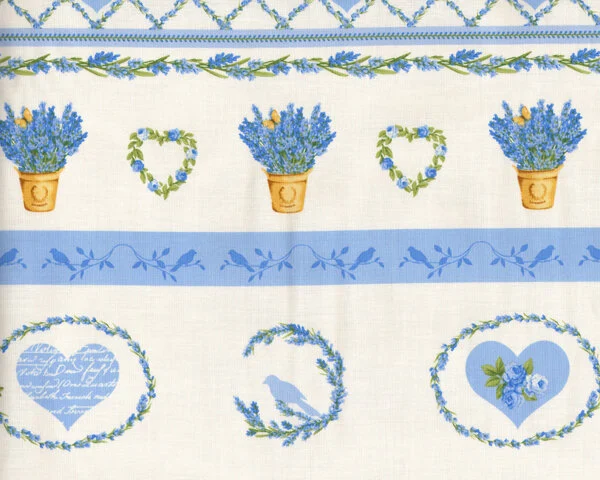 60-cm-Rapport Patchworkstoff "Jardin de Lavende", Musterstreifen mit Lavendelmotiven, kräftiges hellblau