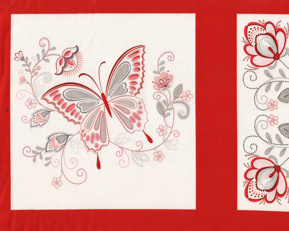 60-cm-Rapport Patchworkstoff SCARLET STITCHES, Blüten und Schmetterlinge, Henry Glass