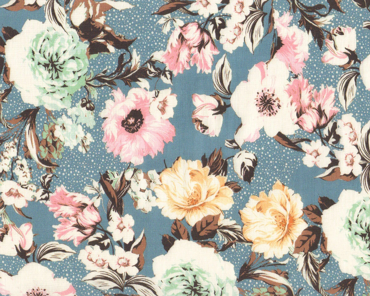 60 cm Reststück Baumwollbatist FLEUR PASTELLE, Rosen, taubenblau, Hilco