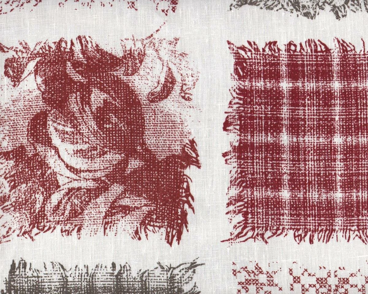 64-cm-Rapport Leinen-Dekostoff ELLEN, Landhaus-Patchwork, dunkelrot-wollweiß