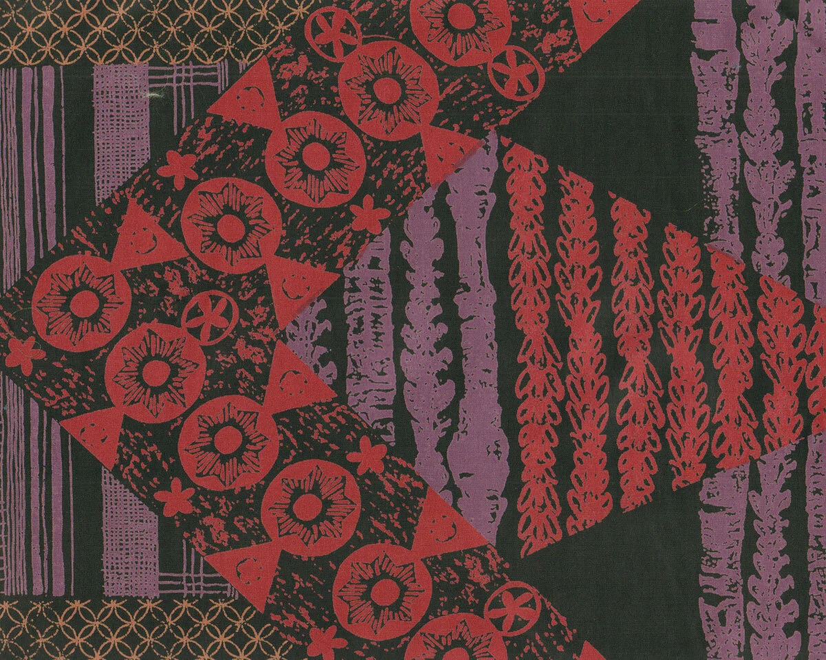 75 cm Reststück Beschichteter Baumwoll-Dekostoff mit Muster-Patchwork, schwarz-rostrot