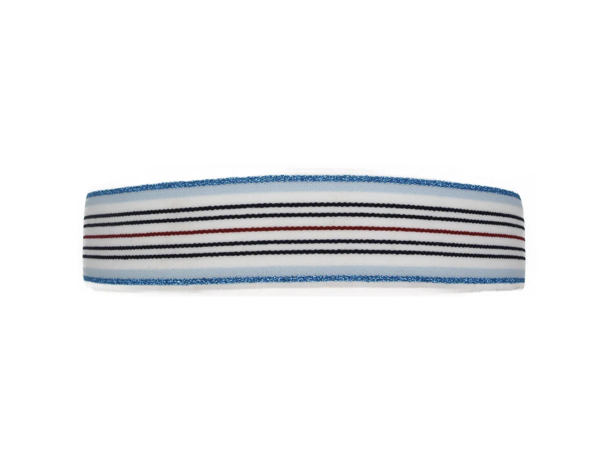 75 cm Reststück Gummiband LUREX, Streifen-Rapport mit Metallicfäden, 35 mm weiß-blau