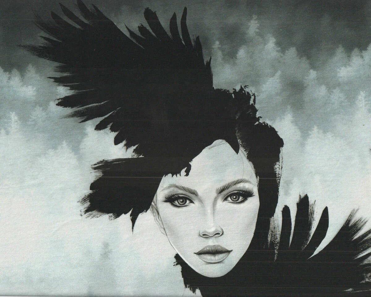 80-cm-Panel Sweatstoff GLOOMY HILLS by Thorsten Berger, Frau mit Raben