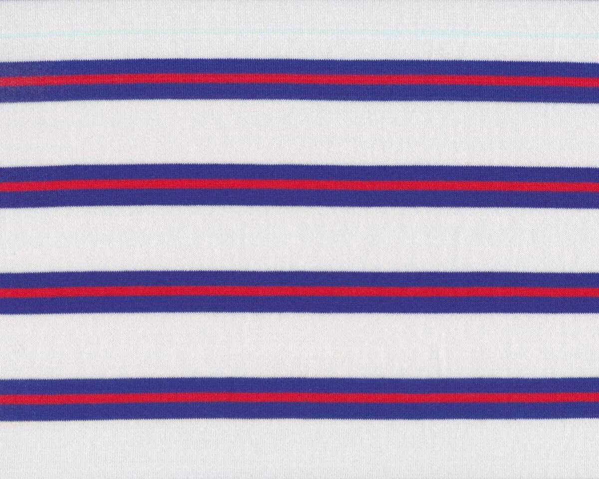 80 cm Reststück MIT FEHLER Italienischer Baumwolljersey ENZO, Streifen, weiß-blau-rot
