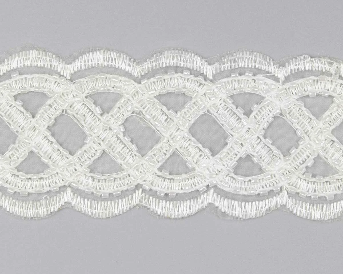 85 cm Reststück MIT FEHLER Spitzenband PEARLO mit Rocaille-Perlen bestickt creme
