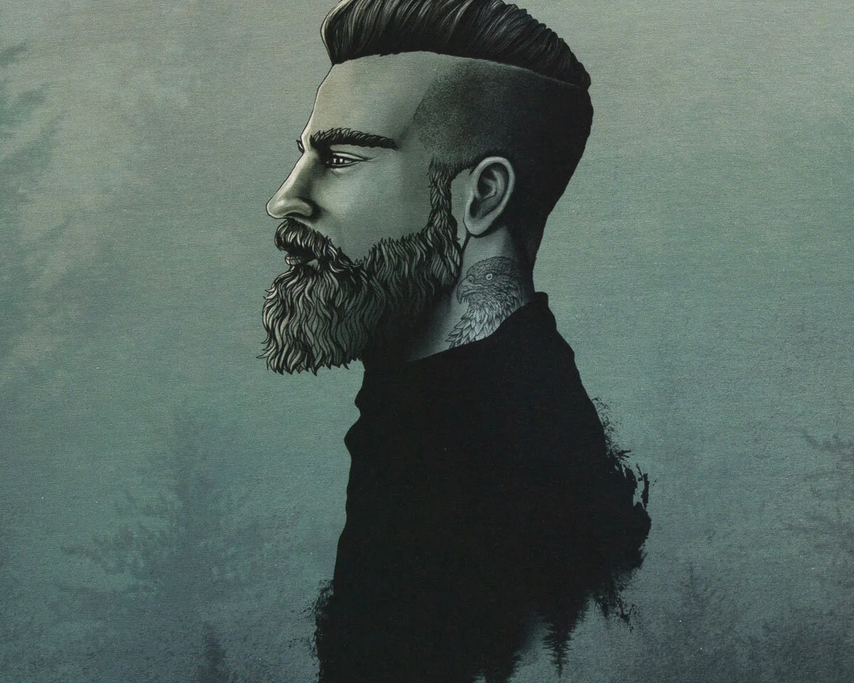 90-cm-Panel Baumwolljersey MYSTIC WOODS, Mann mit Tatoo, grüngrau,Thorsten Berger