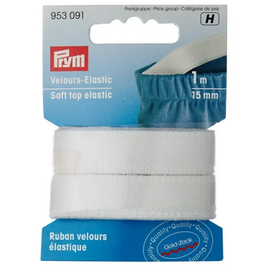 Velours-Elastic 15 mm weiß - 1 m-Karte - Prym