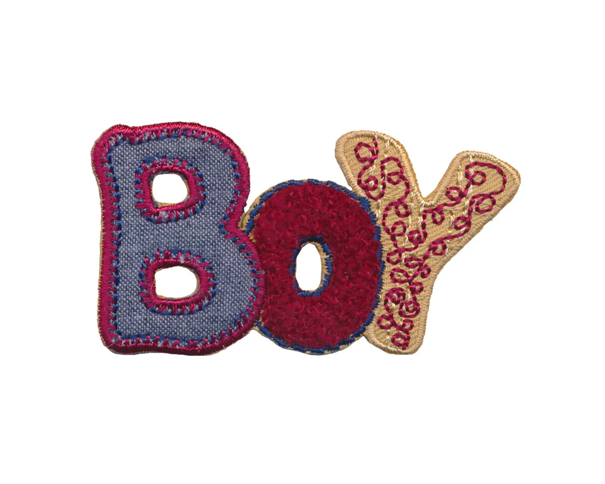 Applikation BOY, Schriftzug in Vintage Optik, blau-rot-beige
