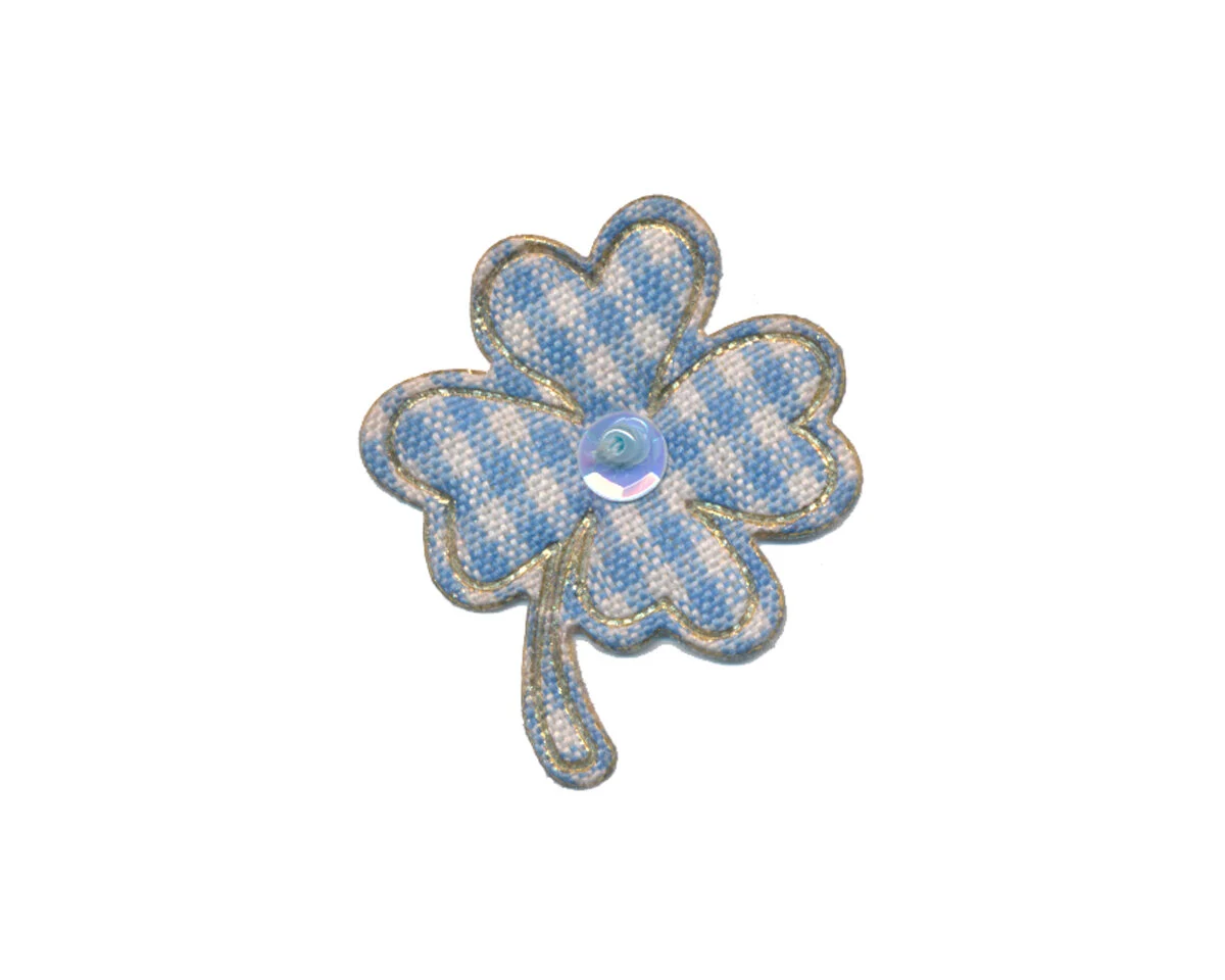 Applikation CLOVER LEAF, Kleeblatt mit Karomuster und Paillette, blau-weiß