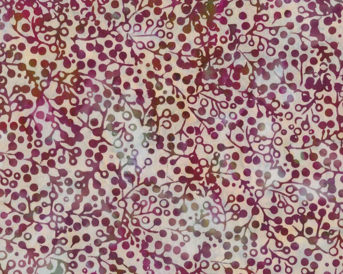 Batik Patchworkstoff BALI WATERFALLS, handgefärbt, Beeren-Zweige, helles aubergine-hellbeige