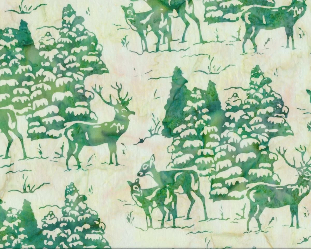 Batik Patchworkstoff BALI WATERFALLS, handgefärbt, Hirsch im Winterwald, grasgrün-creme