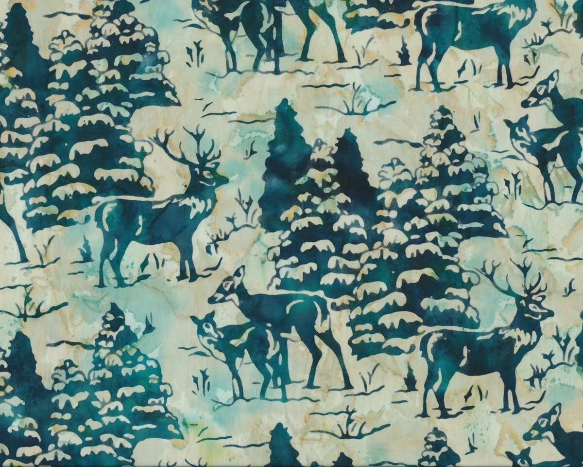 Batik Patchworkstoff BALI WATERFALLS, handgefärbt, Hirsch im Winterwald, kräftiges petrol-hellbeige